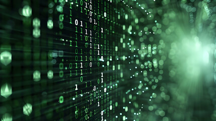 Wall Mural - abstract digital background with green binary code and glowing particles creating depth