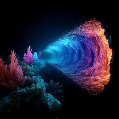Wall Mural - surreal underwater coral reef cave tunnel with bioluminescent light and vibrant colorscape