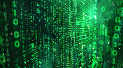 Abstract representation of digital data flow with green binary code on a dark background (1)