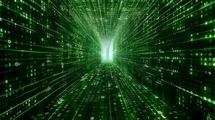 Wall Mural - abstract digital tunnel filled with green binary code, symbolizing data flow and technology