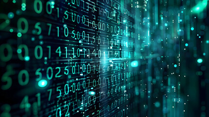 Wall Mural - abstract digital background with glowing binary code streams and data particles in motion