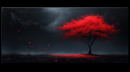 Red tree, night, field, falling leaves, digital art