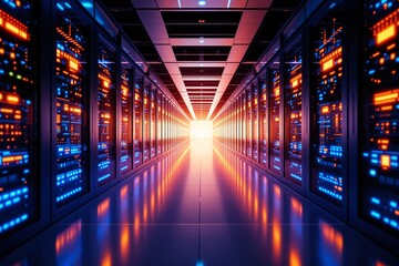 Wall Mural - futuristic data center corridor with glowing servers and bright light at the end.