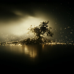 Wall Mural - Tranquil Tree of Illumination Golden Luminescence on Water Reflecting Lights at Dusk Dreamy Scene