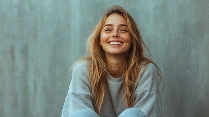 Wall Mural - Smiling young woman with long hair sitting against a gray wall outdoors in casual attire