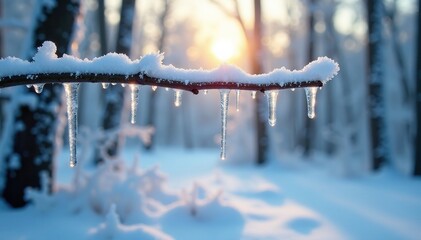 Wall Mural - Icy crystals cling to branch limbs in a frozen forest landscape, icy, serene, winter