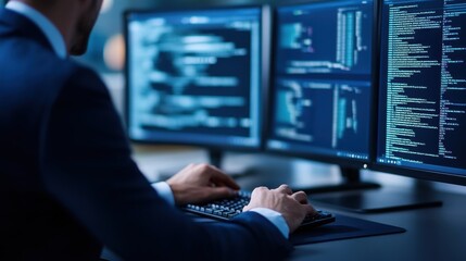 Wall Mural - professional programmer working on multiple screens with coding elements in modern workspace setup
