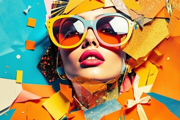 Wall Mural - Vibrant fashion concept with abstract geometric background featuring a stylish woman in bold sunglasses.