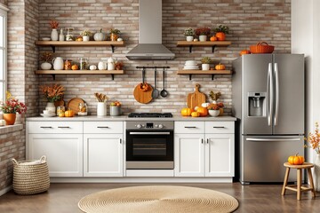 Wall Mural - Modern kitchen with autumn decor, pumpkins, and rustic accents.