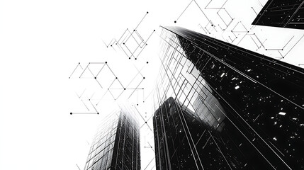 Upward Gaze Skyscrapers Geometric Network in Monochrome Tones Urban Innovation and Connectivity