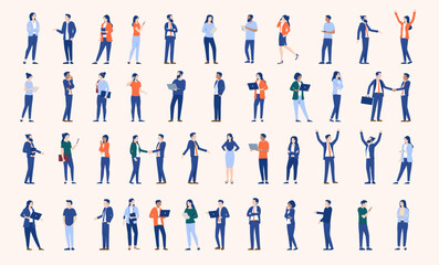 Poster - Business office and working people collection - Set or bundle of businesspeople characters in various standing poses doing work, talking and using computes. Flat design style vector illustration
