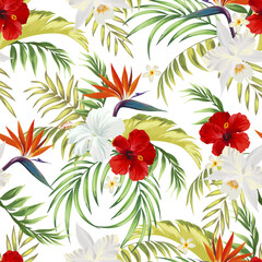 Wall Mural - Tropic illustration. Vector botanical pattern with jungle leaves and hibiscus flowers. Summer design.	
