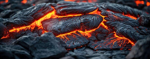 Wall Mural - Volcanic landscapes idea. Close-up of lava rock with glowing orange heat, showcasing volcanic activity and texture.