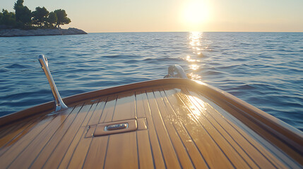 Canvas Print - Wooden Boat on the Water at Sunset with Island in the Background Peaceful Sea Adventure Voyage