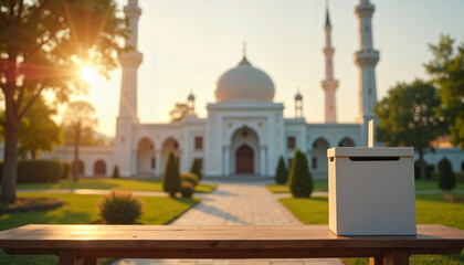 A beautiful mosque surrounded by trees at sunrise, symbolizing peace and spirituality during the holy month of Ramadan.