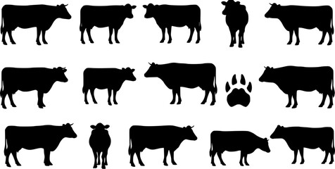 cow silhouette Vector set, cattle silhouettes, diverse breed of cows. Ideal for farm, ranch branding. Perfect for logos, decals. Black, white background. Bulls, cows, standing, walking, running