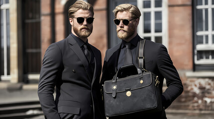 Stylishly dressed twins posing in formal suits with sunglasses and a briefcase on a city street