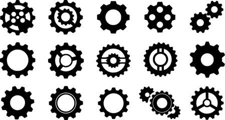 Wall Mural - Gear icon vector set, black cogwheel vector collection, mechanical gear shapes, engineering symbols, industrial machinery, sprocket designs, abstract gearwheel graphics 