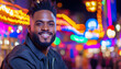 © bcendet - Man smiling at night carnival with bright lights, enjoyment, and entertainment