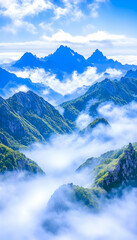 Wall Mural - Misty Mountains landscape; fog covers mountain peaks. Use for travel/tourism