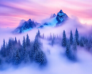 Wall Mural - Mountain peaks pierce thick clouds above a forest at dawn; serene nature scene