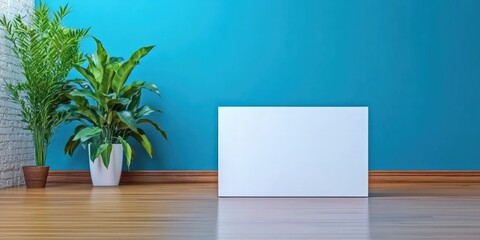 Poster - Bright Living Space with Plant and Blank Canvas on a Blue Wall