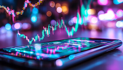 Phone displays stock market graph with blurred city lights, for financial use