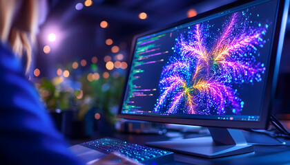 Programmer coding colorful graphics on computer at office for software use