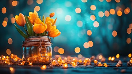 Aufkleber - Bright Yellow Tulips in a Glass Jar with Sparkling Bokeh Background