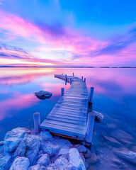 Wall Mural - serene dock extends into calm water, reflecting a sunset sky. travel background