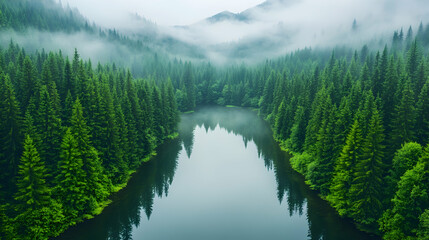 Wall Mural - Serene lake surrounded by forest, mist rising, trees reflecting. Travel concept