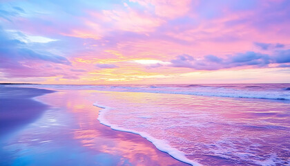 Wall Mural - serene sunset over the ocean, reflecting colorful clouds on the beach for travel use