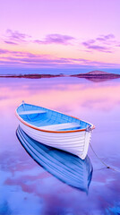 Wall Mural - small rowboat mirrors sunset colors on calm water, for travel promotion, serenity