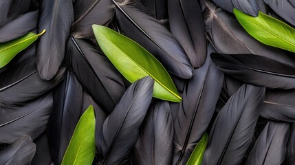 Wall Mural - Black Feathers Interspersed with Fresh Green Leaves on Dark Background