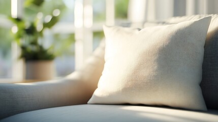 Poster - Cozy closeup of a soft cream pillow on a comfortable sofa bathed in warm sunlight streaming through the window : Generative AI