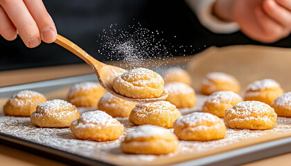 Wall Mural - Sprinkling sugar on cookies in kitchen, for desserts. Baking at home