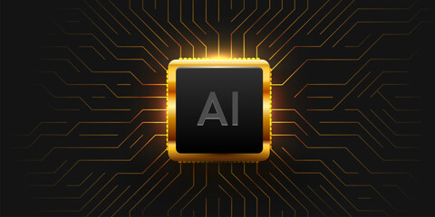 Glowing AI golden chip on circuit board. Technology background. CPU processor on tech bg. Computer microchip on motherboard. Vector illustration