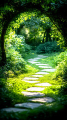 Wall Mural - Stone pathway winds through lush green park under archway. Tranquil, outdoor scene