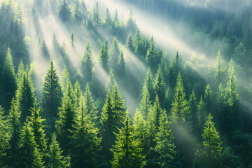 Wall Mural - Sunbeams illuminate coniferous forest. Serene, natural background for wallpaper