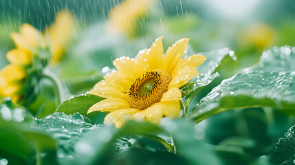 Wall Mural - Sunflower in rain. Nature image shows growth, purity, & resilience in downpour