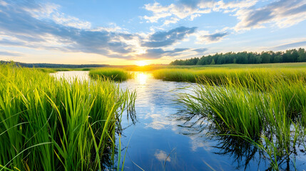 Wall Mural - sunset on grassy wetland with sun reflections and cloudy sky above for nature blog