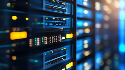 Fototapete - A closeup view of server racks illuminated with blue lights showing the essence of technology and data centers : Generative AI