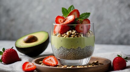 Wall Mural - A delicate chia pudding in a glass cup with a creamy avocado base, layered with fresh strawberries and crushed nuts.