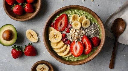 Wall Mural - A vibrant smoothie bowl made with avocado and strawberries, topped with banana slices, chia seeds, and coconut flakes