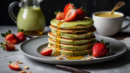 Wall Mural - Fluffy pancakes layered with avocado cream, topped with sliced strawberries and honey