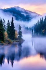 Wall Mural - Tranquil misty mountain lake at dawn surrounded by trees, serene nature scene