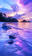 Wall Mural - Tranquil beach with rocks at dusk; a stunning sunset sky reflects on the water