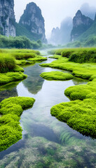 Wall Mural - Tranquil river flows through green fields, mountains in background, travel use