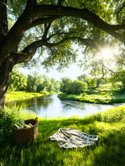 Wall Mural - Tranquil riverbank picnic under a tree. Sun glistens. Ideal for ads, blogs