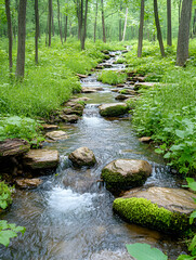 Wall Mural - Tranquil stream cascades over rocks amid lush green forest. Serene nature scene